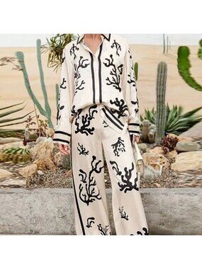 Apricot Casual Women's S Set Front Button Long Sleeve Printed Top And Pants
